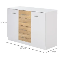 HOMCOM Buffet commode meuble de rangement 4 tiroirs coulissants 2 placards avec étagère blanc chêne clair(m-3)