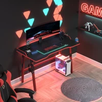 HOMCOM Gaming Desk Computer Table Stable Steel Frame with Cup Holder Headphone Hook, Cable Basket, Black(m-2)