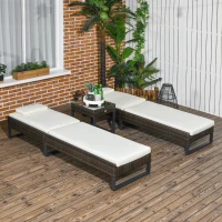 Outsunny Three-Piece Reclining Lounger Set, with Glass-Top Table - Cream(m-8)