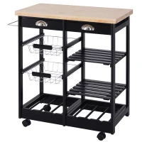 HOMCOM Küchenwagen Küchenrollwagen Servierwagen mit ausziehbarem Korb Schublade Weinablage Küchentrolley rollbar Holz schwarz 74 x 37 x 76 cm(m-10)