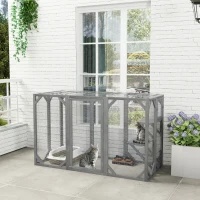 PawHut 71" Outdoor Wooden Cat House with Three Platforms, Large Door, Water-Resistant Roof, for Multiple Cats, Grey(m-2)