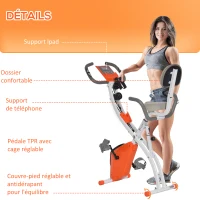 HOMCOM Vélo d'appartement pliable, vélo d'exercice, home traîner pour adultes, 8 niveaux de résistance magnétique, capteurs pouls main, écran LCD multifonction, selle réglable, acier, orange, blanc(m-9)