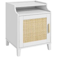 HOMCOM Table de chevet table de nuit avec placard porte rotin tissé + niche design bohème 45 x 40 x 61 cm naturel blanc(m-1)