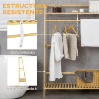 HOMCOM Perchero de Pie de Madera de Bambú para Ropa con 2 Estantes 2 Ganchos y Barra para Colgar 114x40x139 cm Natural(m-7)