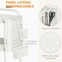 HOMCOM Carrito Auxiliar con Ruedas Carro de Almacenaje Multifuncional con 4 Ganchos y 2 Cestas Colgantes 51,5x32x75,6 cm Blanco(m-5)