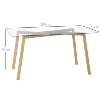 HOMCOM Mesa de Comedor para 6 Personas con Encimera de Cristal y Patas de Acero Efecto Madera 150x75x76 cm Transparente(m-3)