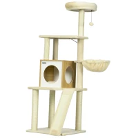 PawHut Albero per Gatti con Casetta, Tiragraffi per Gatti, Posatoio e Paletto, 48.5x48.5x141.5 cm, Beige(m-10)