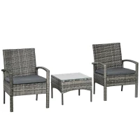 Outsunny 3 Pieces Rattan Bistro Set, Wicker Garden Furniture Set with Glass Top Coffee Table and Chairs, Washable Cushions for Outdoor, Patio, Balcony, Mixed Grey(m-11)