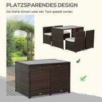 Outsunny 5-teiliges Polyrattan Gartenmöbel-Set, wetterfest Balkonmöbel für 4 Personen Terrassenmöbel mit Tisch 4 Stühle Kissen, Lounge-Set Essgruppe Sitzgruppe für Balkon, Garten, Braun+Khaki(m-6)