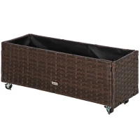 Outsunny Hochbeet Poly Rattan mit Rollen Pflanzkasten mit Abflusslöchern Blumenkasten Blumenkübel Kaffee-Braun 94,5 x 31 x 36 cm(m-10)