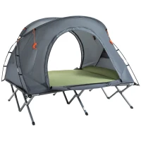 Outsunny Campingbett mit Zelt erhöhtes Feldbett für 2 Person Kuppelzelt mit Luftmatratze inkl. Tragetasche Grau 200 x 146 x 159 cm(m-12)