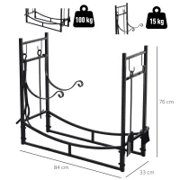 Outsunny Porte bûches - Range bûches Serviteur de cheminée - Multi Accessoires étagère bûche et Petit Bois métal Noir(m-3)