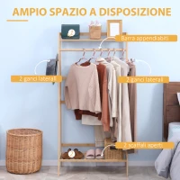 HOMCOM Appendiabiti da Terra in Bambù con 2 Ganci Laterali e 2 Ripiani Inferiori Aperti, 82x36.8x140 cm, color Legno(m-4)