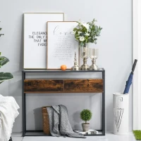 HOMCOM Entryway Console Table, Industrial Style Sofa Table with Drawers,Tempered Glass Top,Robust Steel Frame, Easy Assembly, for Living Room, Hallway, Rustic Brown and Black(m-10)