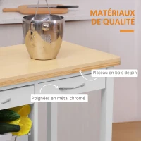 HOMCOM Chariot de service desserte de cuisine à roulettes multi-rangements 85L x 37l x 85H cm plateau bois massif pin châssis MDF blanc(m-6)