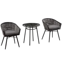 Outsunny 3 Pieces Rattan Bistro Set, Wicker Garden Furniture Set with Round Glass Top Coffee Table and Chairs, Washable Cushions for Outdoor, Patio, Balcony, Grey(m-1)