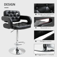 HOMCOM Sgabello da Bar Alto con Schienale e Braccioli, Girevole con Altezza Regolabile e Poggiapiedi, Finta Pelle Nera(m-7)