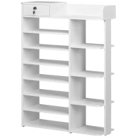 HOMCOM Estante Zapatero de Madera con 11 Estantes para 18 Pares de Zapatos y Armario con Cerradura 80x27x112 cm Blanco(m-10)