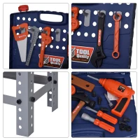 HOMCOM Banco de Herramientas para Niños +3 Años con 68 Piezas Desmontable Portátil Juego de Imitación con Maletín de Herramientas Taladro Martillo 40x43x72 cm Azul y Gris(m-8)