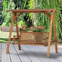 Outsunny 3 Seater Garden Swing Seat Wooden Swing Chair Hammock Bench Lounger with Canopy, Natural(m-2)