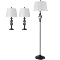 HOMCOM Juego de 2 Lámparas de Mesa y Lámpara de Pie con Pantalla de Tela E27 Máx. 40W Ø38x158 cm y Ø30x62 cm Blanco(m-10)