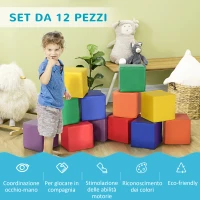 HOMCOM Set 12 Cubi Giocattolo Morbidi per Bambini 12-36 Mesi, Blocchi Schiuma per Bambini, Costruzioni Morbide in PU ed EPE, 20x20x20 cm, Multicolore(m-7)