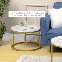 HOMCOM Lot de 2 tables basses gigognes tables rondes plateau aspect marbre et pied en acier Ø 74 x 46,3 cm blanc doré(m-5)
