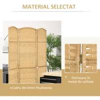 HOMCOM Paravan Interior Pliabil cu 3 Panouri Împletit din PP și Lemn de Pin, 135x1,7x180 cm, Lemn Natural(m-6)