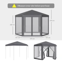Outsunny 4M Hexagon Gazebo, Netting Party Tent, Patio Canopy Outdoor Event Shelter for Activities, Shade Resistant, Grey(m-3)