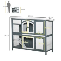 PawHut Rabbit Hutch Outdoor Guinea Pig Hutch 2 Tier Wooden Cage w/ Ramp, Divider, Openable Roof, 125 x 48 x 100cm - Grey(m-3)