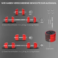 HOMCOM Hantelset 20/30KGS 2-IN-1 Hanteln&Langhanteln verstellbar Gewichtheben für Zuhause Fitness Muskel Rot+Schwarz 21,5 x 21,5 x 3,8 cm(m-9)
