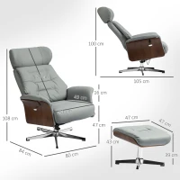 HOMCOM Relaxsessel mit Hocker, Liegefunktion, drehbar, Lederoptik, bis 150 kg, Hellgrau(m-3)