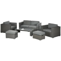 Outsunny 6PC Garden Rattan Sofa Set Bonzer Outdoor Furniture Patio Table Loveseat Stool Lounging Ottoman Aluminium Frame Wicker Weave Conservatory Grey(m-11)