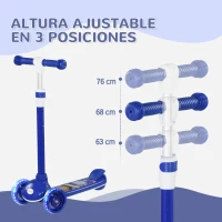 AIYAPLAY Patinete Infantil Patinete con 3 Ruedas Luces LED Altura Ajustable Carga 25 kg 52x29x63-76 cm Azul(m-4)