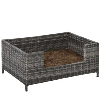 PawHut Rattan Dog Sofa with Soft Cushion, Raised Pet Bed Cat Chair Couch with Soft Washable Cushion, Indoor Outdoor Use, for Mini and Small Sized Dogs - Grey(m-11)