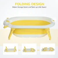 HOMCOM Foldable Baby Bathtub Set, Collapsible Bath Tub with Thermostatic Water Plug, Non-Slip Support, Cushion Pad, Drain Plugs, for Newborn to 3 Years - Yellow(m-8)