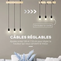HOMCOM Suspension luminaire industriel lustre vintage en métal et barre bois 3 lumières hauteur réglable 50 x 8 x 33 cm noir(m-5)
