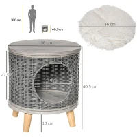 PawHut Cueva para Gatos de Ratán Ø36x40,5 cm Cesta para Gatos Rolliza con Cojín Lavable Plataforma y Patas de Madera de Pino Extraíble Gris(m-3)