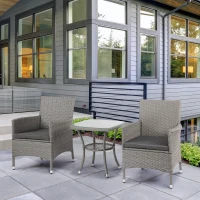 Outsunny 3 Pieces Rattan Bistro Set, Wicker Garden Furniture Set with 2-Tier Coffee Table and Chairs, Washable Cushions, for Outdoor Patio Balcony, Grey(m-10)