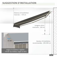 Outsunny Store banne manuel rétractable 395 x 245 cm store exterieur terrasse avec manivelle, angle réglable 45°-85°, aluminium et polyester 280 g/m², protection UV, auvent de terrasse, gris(m-6)