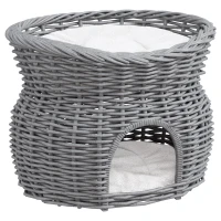 PawHut 2-Tier Wicker Cat House Elevated Pet Bed Basket Willow Kitten Tower Pet Den. with Washable Cushions 56x37x40cm Grey(m-1)
