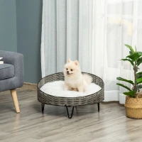 PawHut Cama para Perros Gatos de Mimbre Redonda Cesta Ratán para Mascotas Pequeños con Cojín Lavable y Patas Elevadas de Acero Ø60x32 cm Gris y Blanco(m-2)