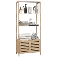 HOMCOM Mobile Bagno in Bambù con 3 Ripiani e Armadietto Inferiore, 63x30x138 cm, Color Legno e Bianco