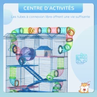 PawHut Cage pour Hamster Souris Petit Animaux Rongeur avec Tunnel Mangeoire Roue Jouet 47 x 30 x 59 cm Bleu(m-7)