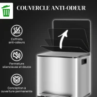 HOMCOM Poubelle de cuisine 2 compartiments de 2 x 15L, avec pédale, en acier inoxydable, couvercle à fermeture douce(m-6)