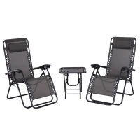 Outsunny Set de 2 Sillas de Gravedad Cero Plegables 90x65x110 cm y Mesa Auxiliar 50x50x50 cm con 2 Portavasos Sillas Reclinables con Reposacabezas para Jardín Terraza Gris(m-10)