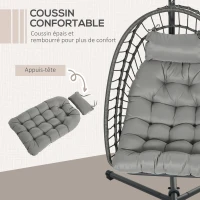 Outsunny Fauteuil suspendu de jardin chaise hamac résine tressée panier pliable avec matelas support en métal et appui-tête gris(m-6)