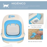 PawHut Arenero para Gatos Caja de Arena con Asa de Transporte Doble Fondo Bandeja Extraíble Pala y Filtro de Carbón Activo 63x43x43 cm Beige y Azul(m-7)