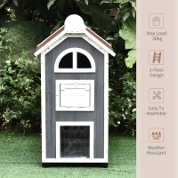 PawHut Wooden Cat House, Weatherproof Pet Shelter, Outdoor Cat Condos Cave, 2 Floor Furniture, Grey and White(m-6)