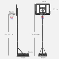 HOMCOM Canestro Basket Altezza Regolabile 160-305cm, Base con Ruote e Struttura in Acciaio, Tabellone in PVC Trasparente(m-3)